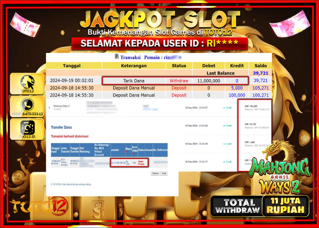 HANYA DI TOTO12 JP PASTI DI BAYAR LUNAS DAN CEPAT!!!!!! JACKPOT SLOT GAME ( MAHJONG WAYS 2 ) Rp.11.000.000 !!!!