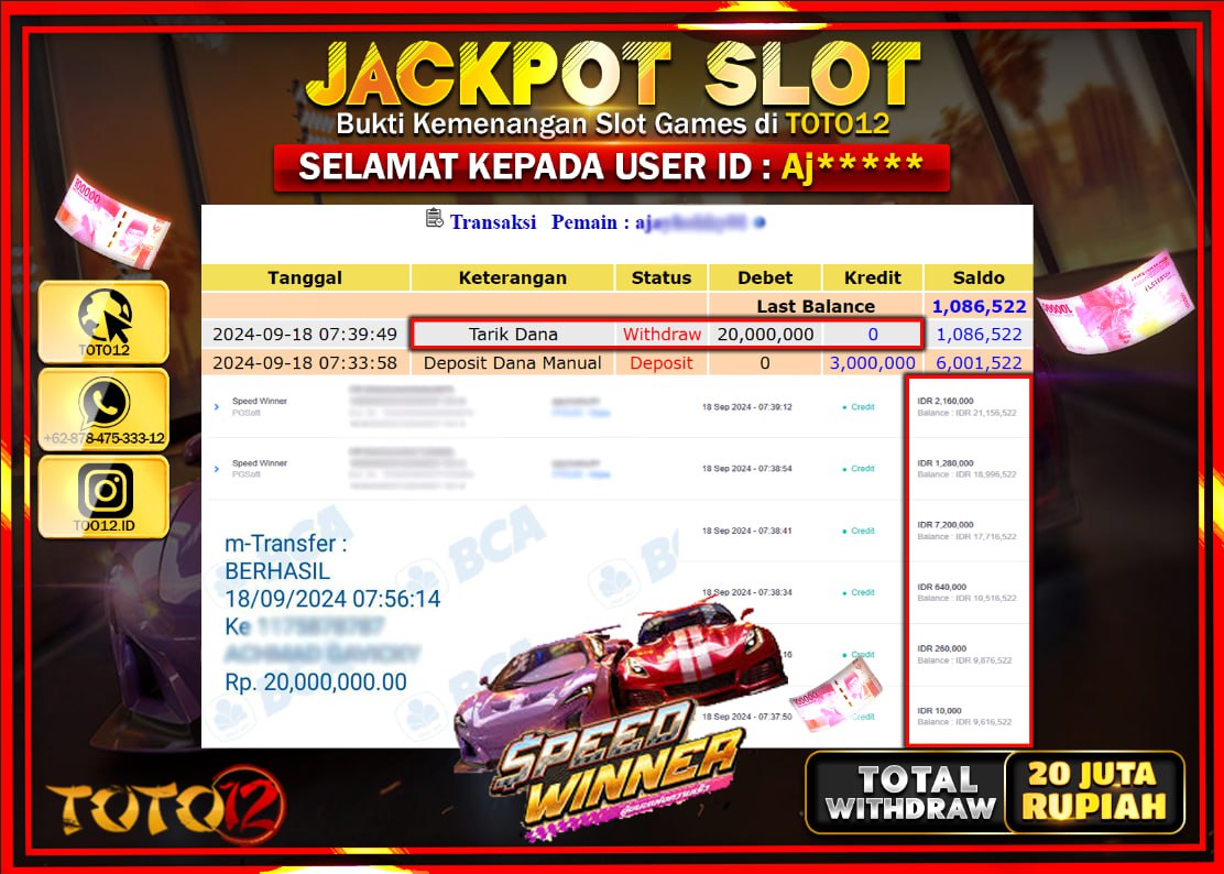 HANYA DI TOTO12 JP PASTI DI BAYAR LUNAS DAN CEPAT!!!!!! JACKPOT SLOT GAME ( SPEED WINNER ) Rp.20.000.000 !!!!