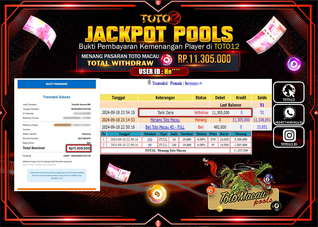 HANYA DI TOTO12 JP PASTI DI BAYAR LUNAS DAN CEPAT!!!!!! JACKPOT POOLS MENANG PASARAN ( TOTOMACAU4D ) Rp.11.305.000 !!!!