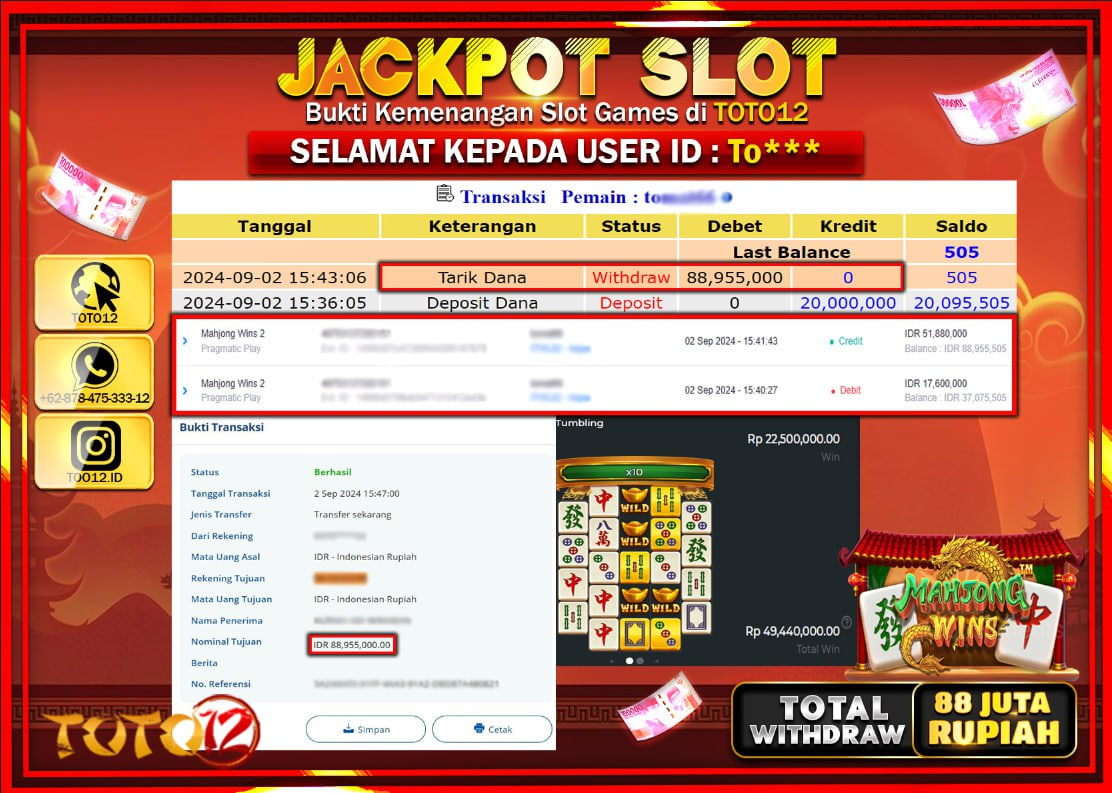 HANYA DI TOTO12 JP PASTI DI BAYAR LUNAS DAN CEPAT!!!!!! JACKPOT SLOT GAME ( MAHJONG WINS 2 ) Rp.88.000.000 !!!!