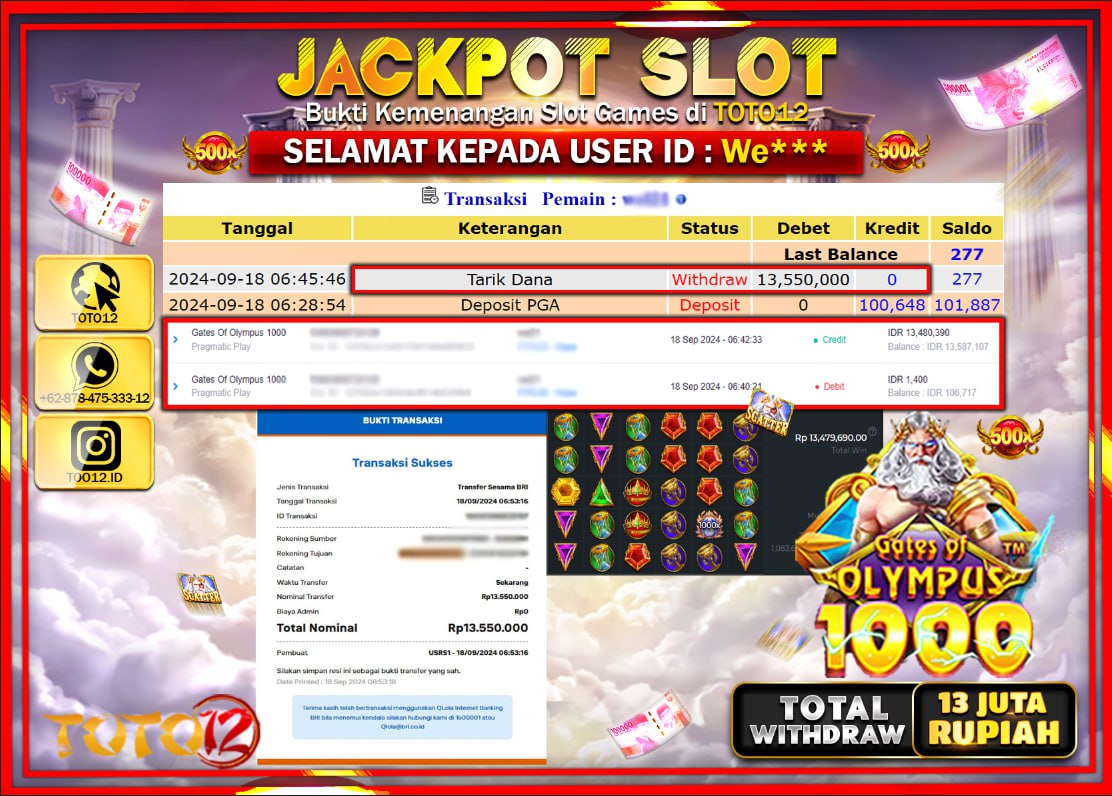HANYA DI TOTO12 JP PASTI DI BAYAR LUNAS DAN CEPAT!!!!!! JACKPOT SLOT GAME ( GATES OF OLYMPUS 1000 ) Rp.13.000.000 !!!!