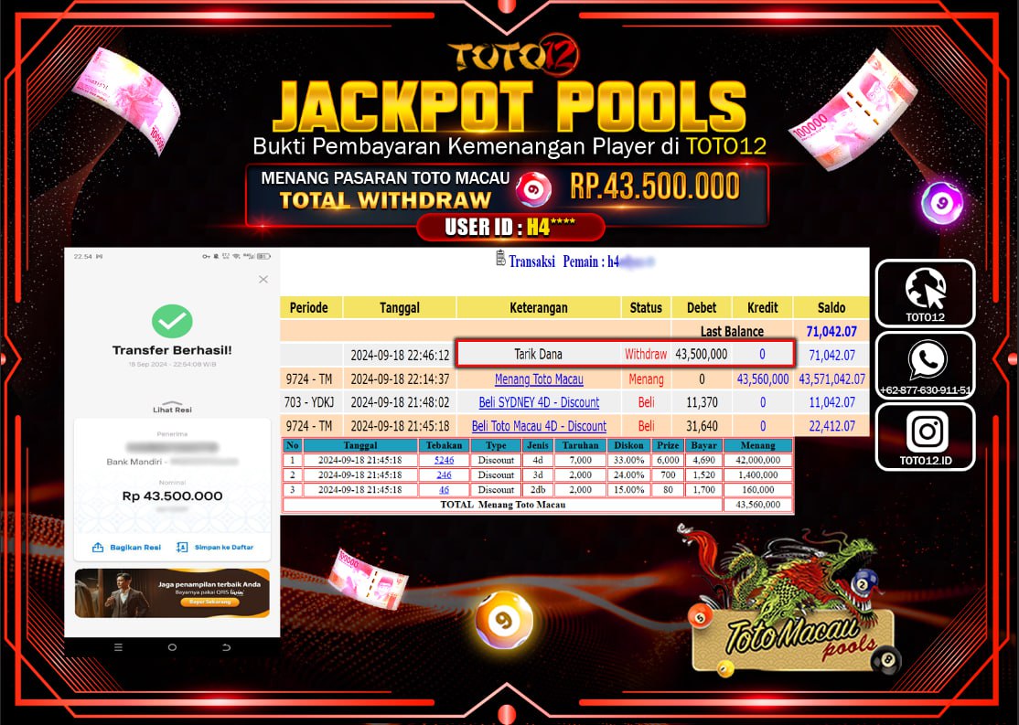 HANYA DI TOTO12 JP PASTI DI BAYAR LUNAS DAN CEPAT!!!!!! JACKPOT POOLS MENANG PASARAN ( TOTOMACAU4D ) Rp.43.500.000 !!!!