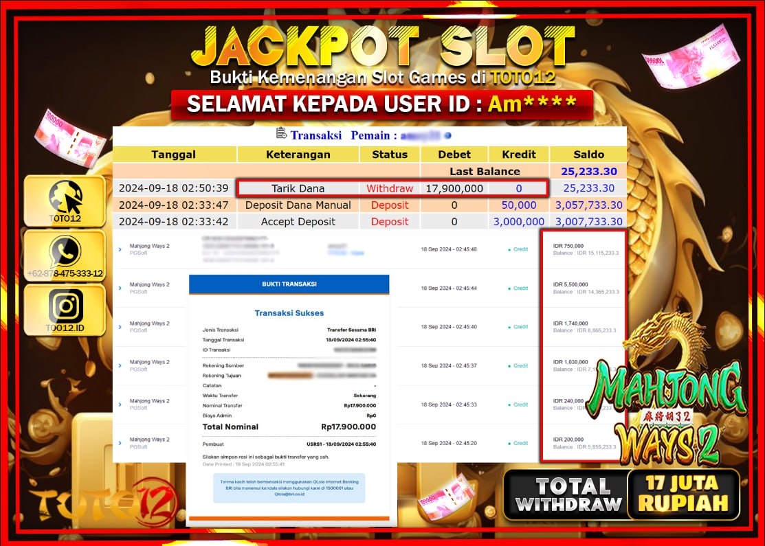 HANYA DI TOTO12 JP PASTI DI BAYAR LUNAS DAN CEPAT!!!!!! JACKPOT SLOT GAME ( MAHJONG WAYS 2 ) Rp.17.000.000 !!!!
