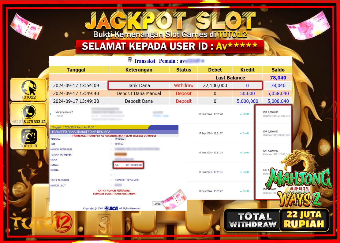 HANYA DI TOTO12 JP PASTI DI BAYAR LUNAS DAN CEPAT!!!!!! JACKPOT SLOT GAME ( MAHJONG WAYS 2 ) Rp.22.000.000 !!!!