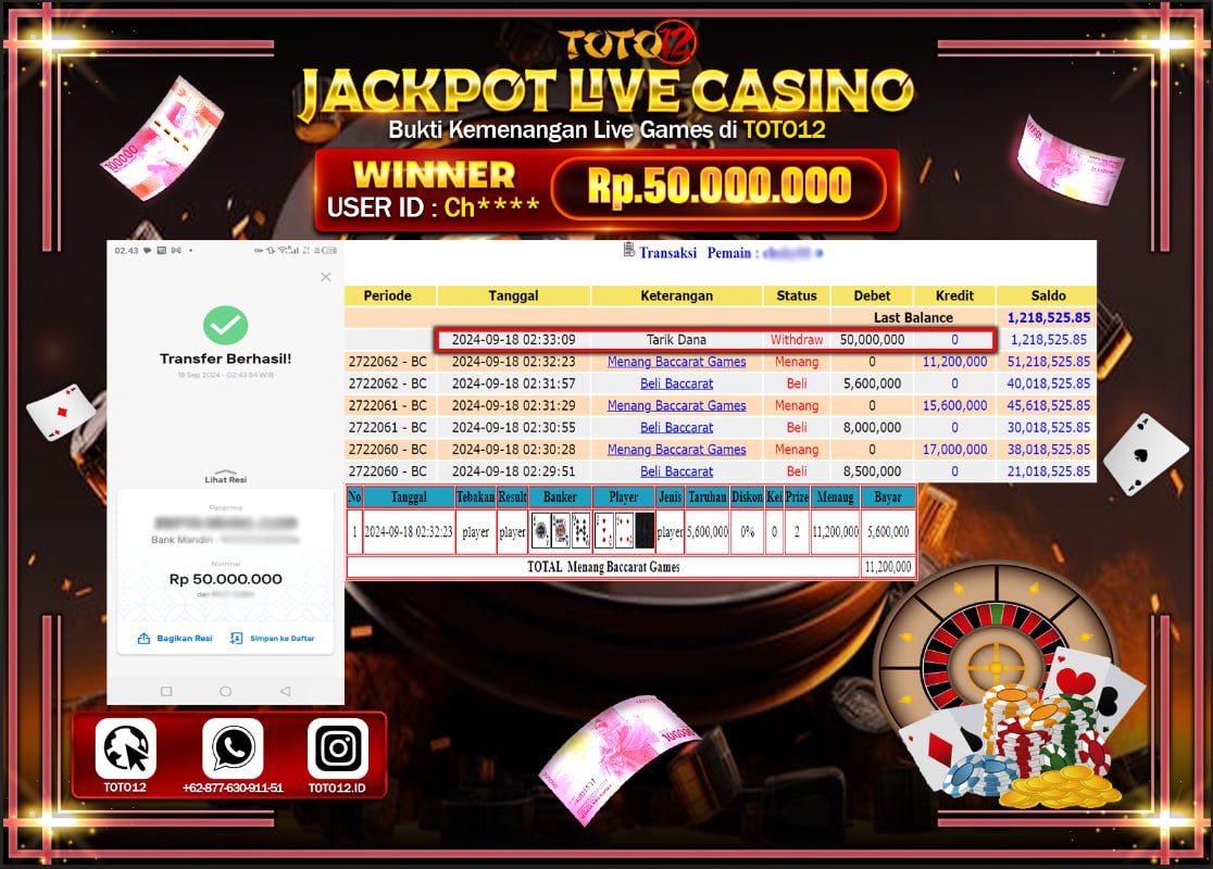 HANYA DI TOTO12 JP PASTI DI BAYAR LUNAS DAN CEPAT!!!!!! JACKPOT LIVE CASINO GAME  ( BACCARAT ) Rp.50.000.000 !!!!