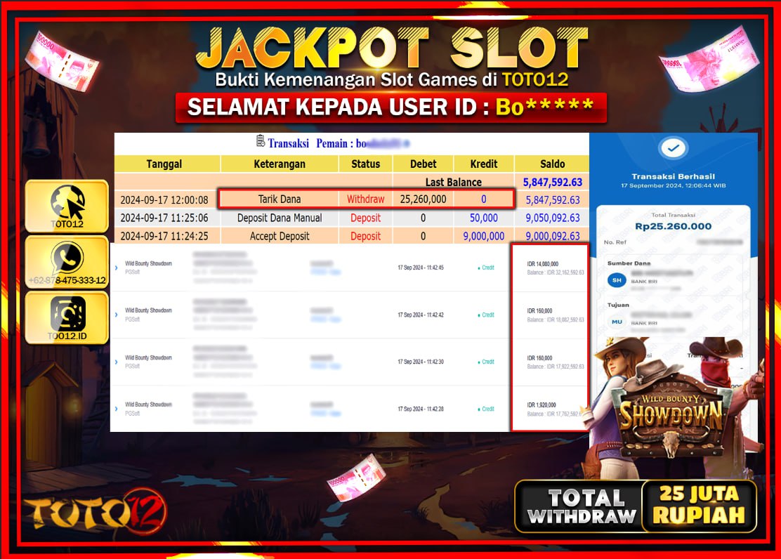 HANYA DI TOTO12 JP PASTI DI BAYAR LUNAS DAN CEPAT!!!!!! JACKPOT SLOT GAME ( WILD BOUNTY SHOWDOWN ) Rp.25.000.000 !!!!
