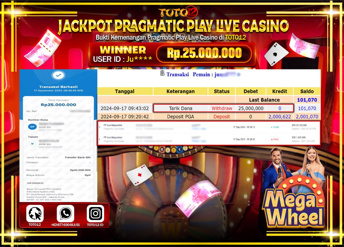 HANYA DI TOTO12 JP PASTI DI BAYAR LUNAS DAN CEPAT!!!!!! JACKPOT PRAGMATIC PLAY LIVE CASINO GAME  ( MEGA WHEEL ) Rp.25.000.000 !!!!
