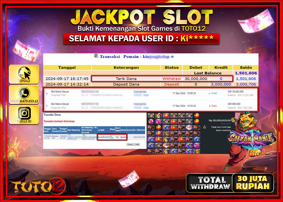HANYA DI TOTO12 JP PASTI DI BAYAR LUNAS DAN CEPAT!!!!!! JACKPOT SLOT GAME ( SLOT MANIA SAIYAN ) Rp.30.000.000 !!!!