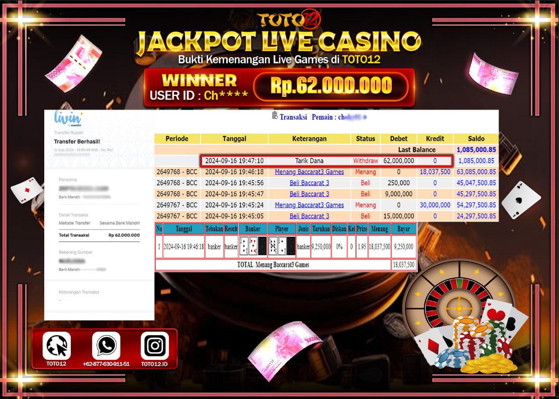HANYA DI TOTO12 JP PASTI DI BAYAR LUNAS DAN CEPAT!!!!!! JACKPOT LIVE GAME  ( BACCARAT 3 ) Rp.62.000.000 !!!!