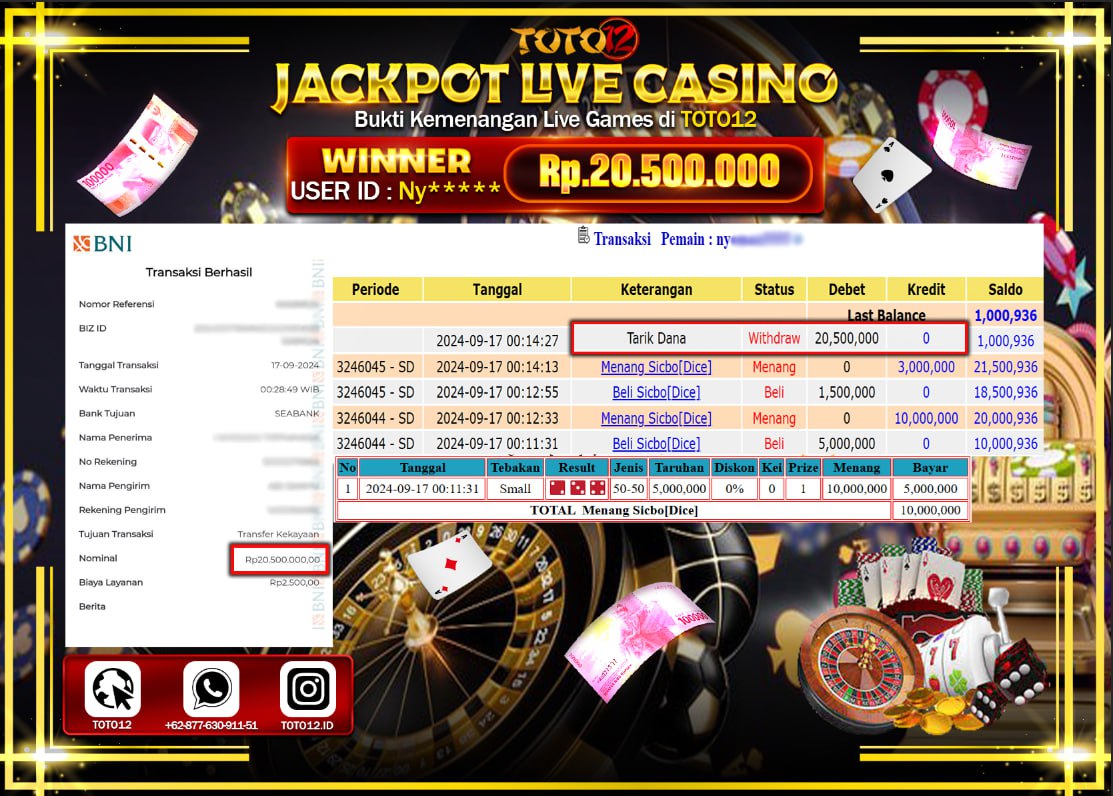HANYA DI TOTO12 JP PASTI DI BAYAR LUNAS DAN CEPAT!!!!!! JACKPOT LIVE GAME  ( SICBO DICE ) Rp.20.500.000 !!!!