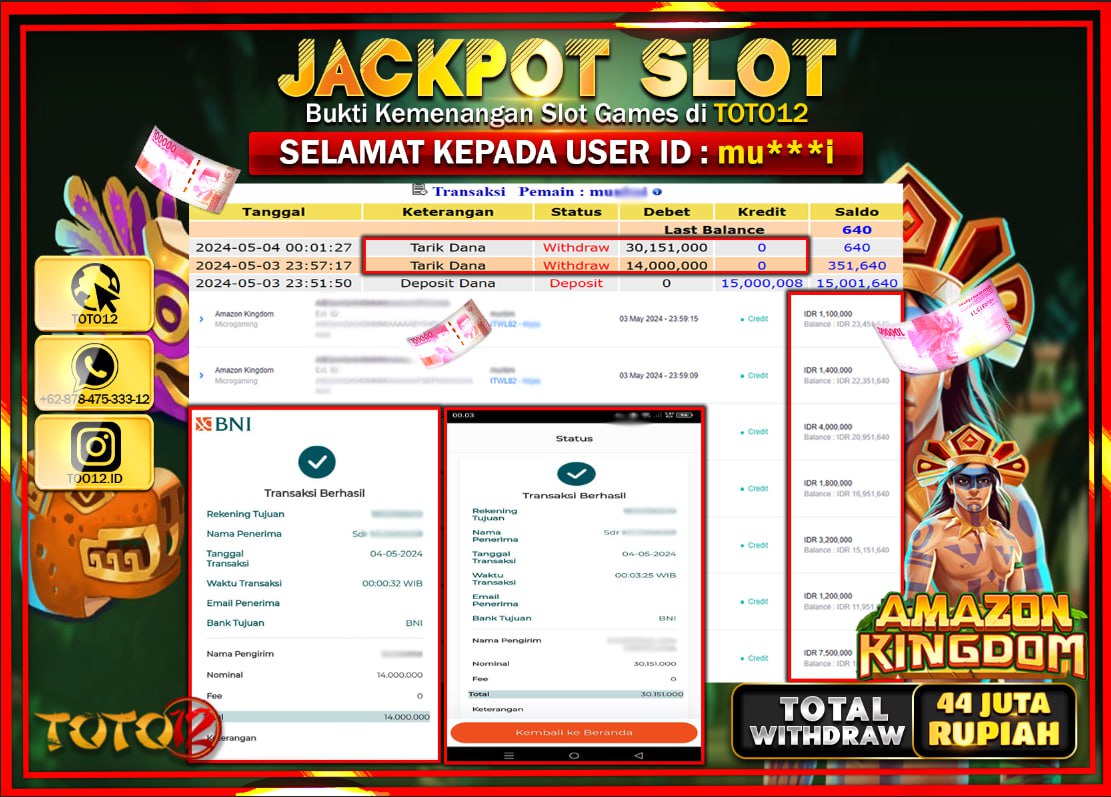 HANYA DI TOTO12 JP PASTI DI BAYAR LUNAS DAN CEPAT!!!!!! JACKPOT SLOT GAME ( AMAZON KINGDOM ) Rp.44.000.000 !!!!