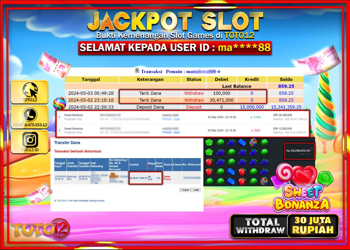 HANYA DI TOTO12 JP PASTI DI BAYAR LUNAS DAN CEPAT!!!!!! JACKPOT SLOT GAME ( SWEET BONANZA ) Rp.30.000.000 !!!!