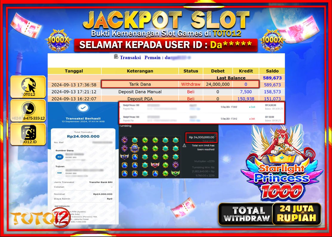 HANYA DI TOTO12 JP PASTI DI BAYAR LUNAS DAN CEPAT!!!!!! JACKPOT SLOT GAME ( STARLIGHT PRINCESS 1000 ) Rp.24.000.000 !!!!