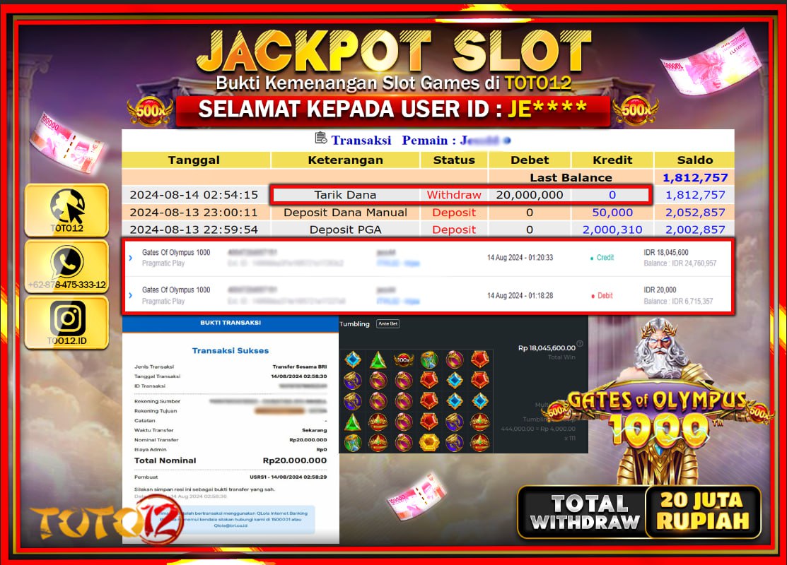 HANYA DI TOTO12 JP PASTI DI BAYAR LUNAS DAN CEPAT!!!!!! JACKPOT SLOT GAME ( GATES OF OLYMPUS 1000 ) Rp.20.000.000 !!!!
