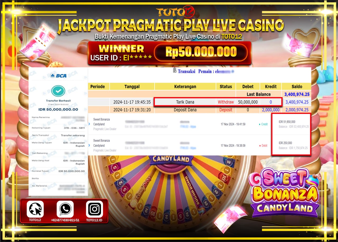 HANYA DI TOTO12 JP PASTI DI BAYAR LUNAS DAN CEPAT!!!!!! JACKPOT PRAGMATIC PLAY LIVE CASINO (SWEET BONANZA CANDY LAND) Rp.50.000.000 !!!!