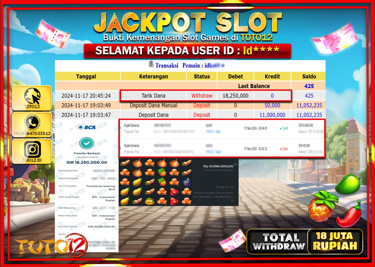HANYA DI TOTO12 JP PASTI DI BAYAR LUNAS DAN CEPAT!!!!!! JACKPOT SLOT GAME (RUJAK BONANZA) Rp.18.000.000 !!!!
