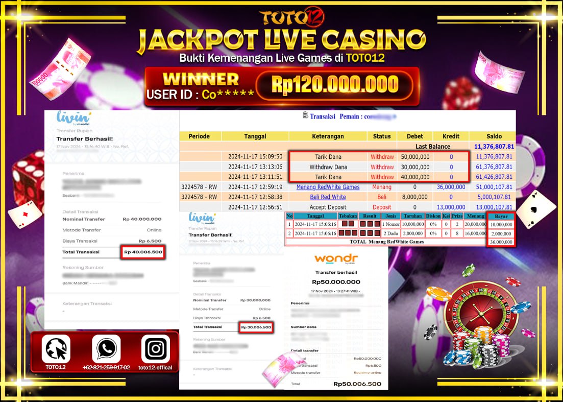 HANYA DI TOTO12 JP PASTI DI BAYAR LUNAS DAN CEPAT!!!!!! JACKPOT LIVE GAME CASINO (RED WHITE) Rp.120.000.000 !!!!