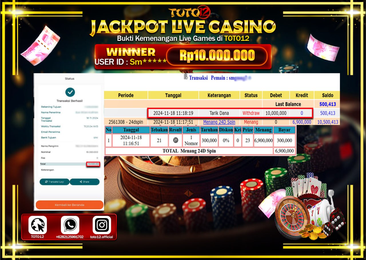 HANYA DI TOTO12 JP PASTI DI BAYAR LUNAS DAN CEPAT!!!!!! JACKPOT LIVE GAMES CASINO (24D SPIN) Rp.10.000.000 !!!!