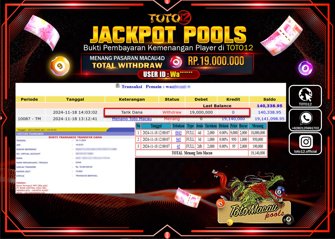 HANYA DI TOTO12 JP PASTI DI BAYAR LUNAS DAN CEPAT!!!!!! JACKPOT POOLS PASARAN (TOTO MACAU) Rp.19.000.000 !!!!