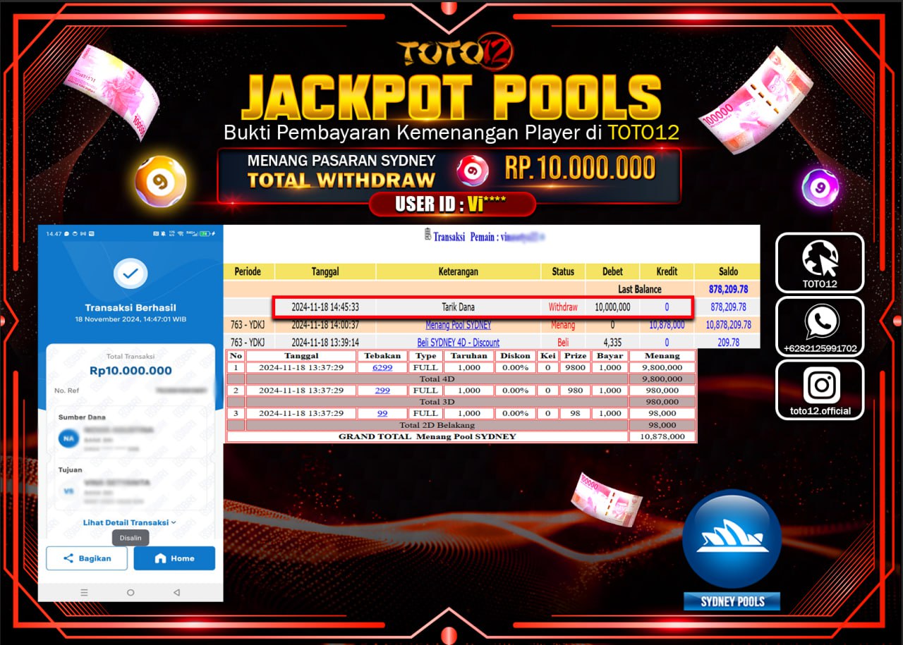 HANYA DI TOTO12 JP PASTI DI BAYAR LUNAS DAN CEPAT!!!!!! JACKPOT POOLS PASARAN (SYDNEY) Rp.10.000.000 !!!!