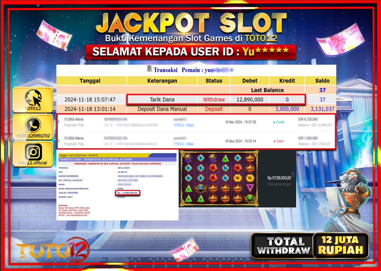 HANYA DI TOTO12 JP PASTI DI BAYAR LUNAS DAN CEPAT!!!!!! JACKPOT SLOT GAME (15.000X MANIA) Rp.12.000.000 !!!!
