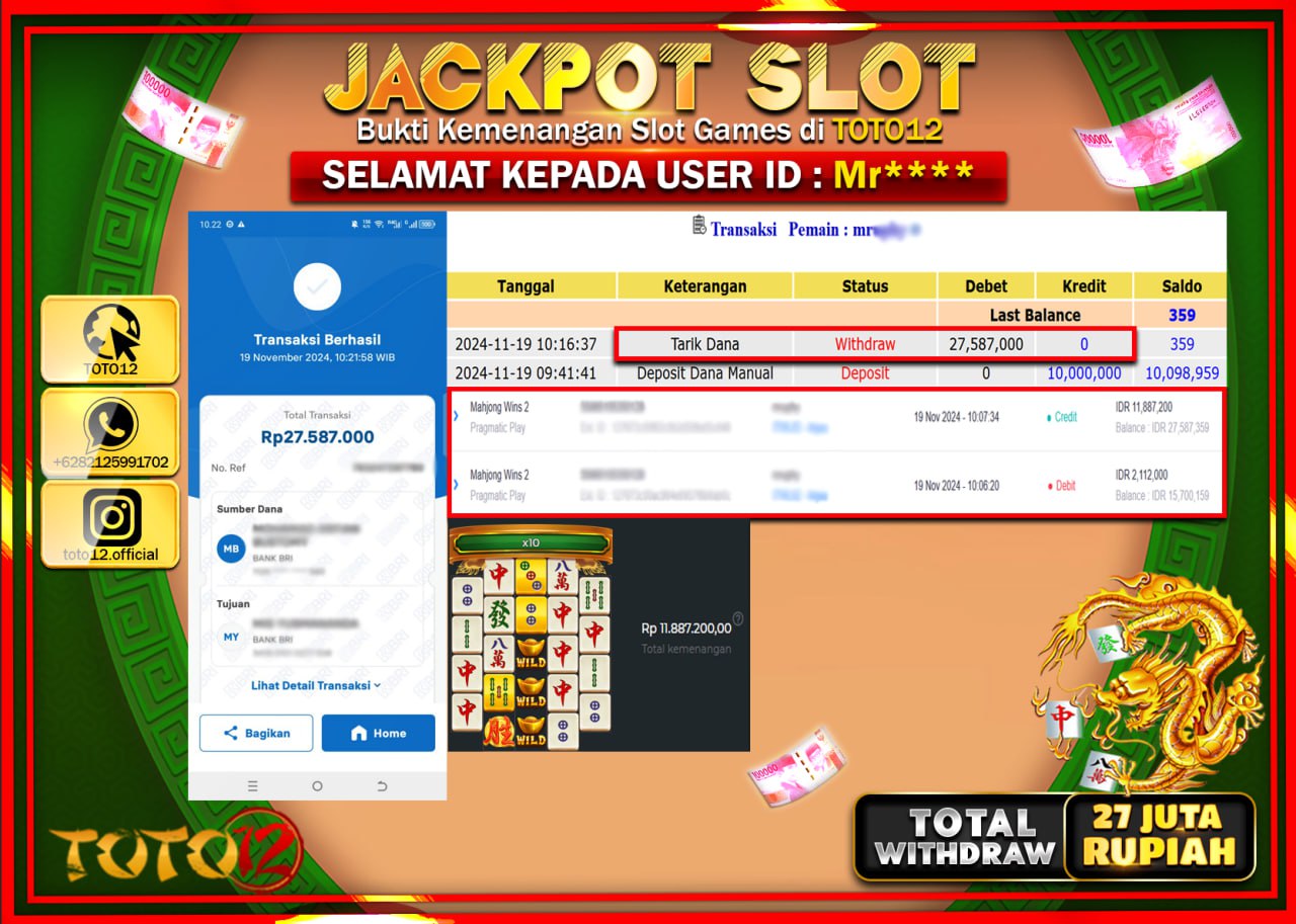 HANYA DI TOTO12 JP PASTI DI BAYAR LUNAS DAN CEPAT!!!!!! JACKPOT SLOT GAME (MAHJONG WINS 2) Rp.27.587.000 !!!!