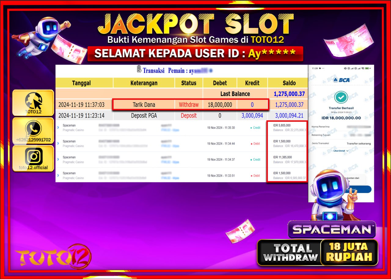 HANYA DI TOTO12 JP PASTI DI BAYAR LUNAS DAN CEPAT!!!!!! JACKPOT SLOT GAME (SPACEMAN) Rp.18.000.000 !!!!