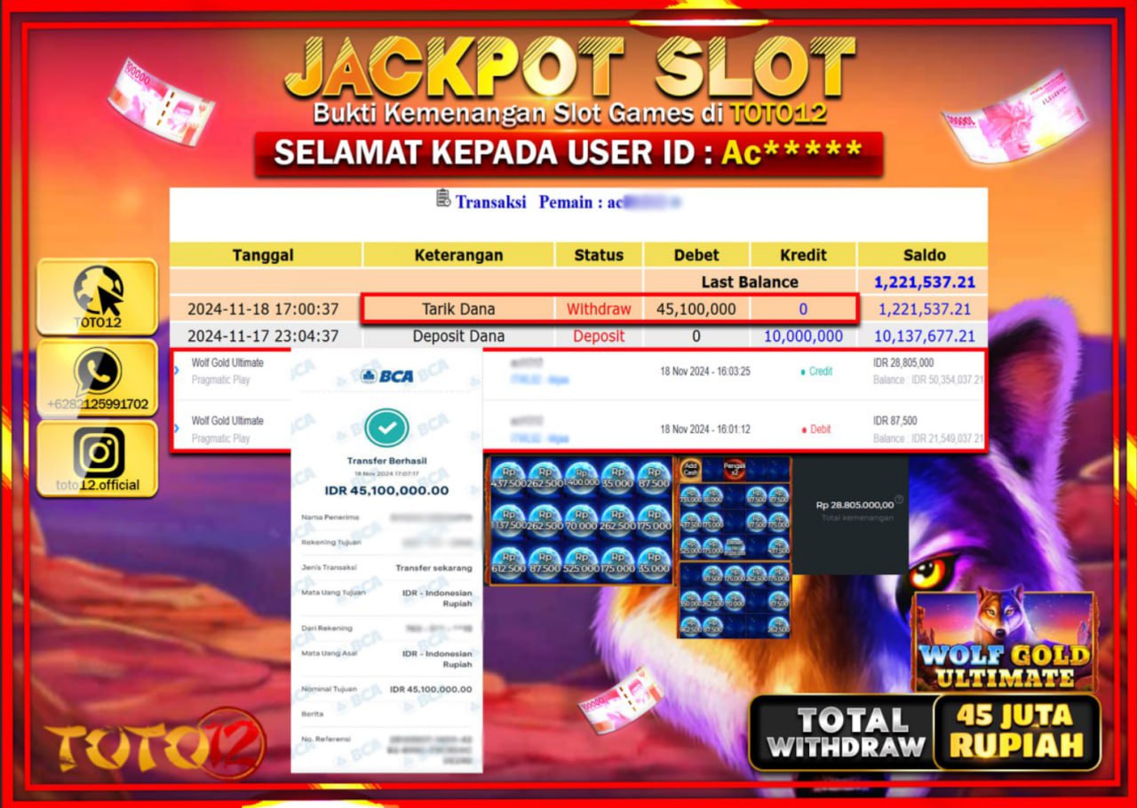 HANYA DI TOTO12 JP PASTI DI BAYAR LUNAS DAN CEPAT!!!!!! JACKPOT SLOT GAME (WOLF GOLD ULTIMATE) Rp.45.000.000 !!!!
