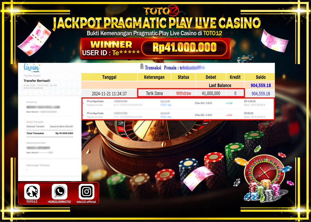 HANYA DI TOTO12 JP PASTI DI BAYAR LUNAS DAN CEPAT!!!!!! JACKPOT PRAGMATIC PLAY LIVE CASINO (MEGA ROULETTE) Rp.41.000.000 !!!!