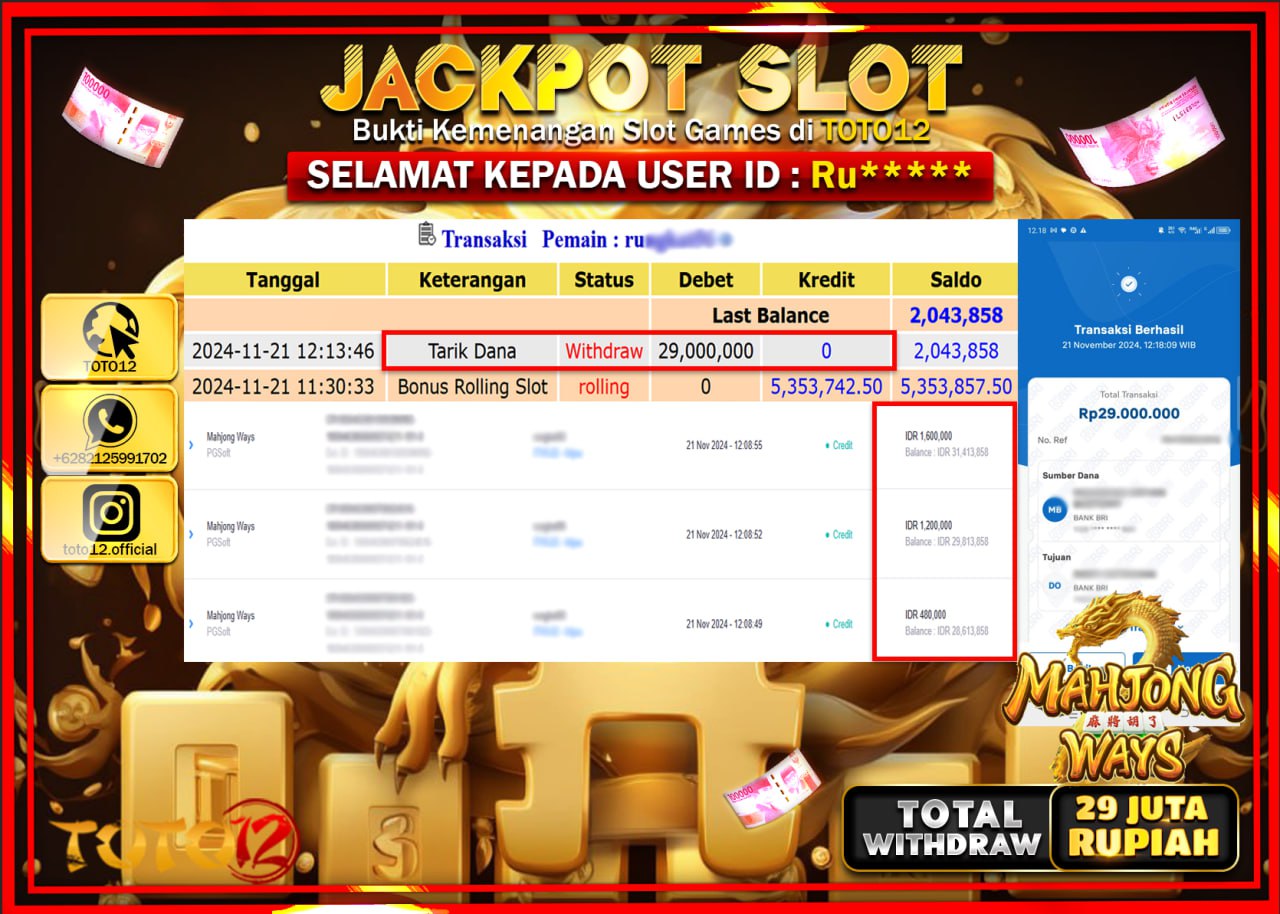 HANYA DI TOTO12 JP PASTI DI BAYAR LUNAS DAN CEPAT!!!!!! JACKPOT SLOT GAME (MAHJONG WAYS) Rp.29.000.000 !!!!