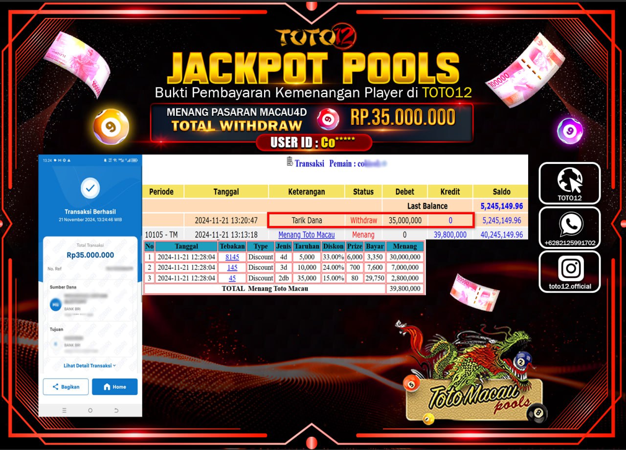 HANYA DI TOTO12 JP PASTI DI BAYAR LUNAS DAN CEPAT!!!!!! JACKPOT POOLS PASARAN (TOTO MACAU) Rp.35.000.000 !!!!