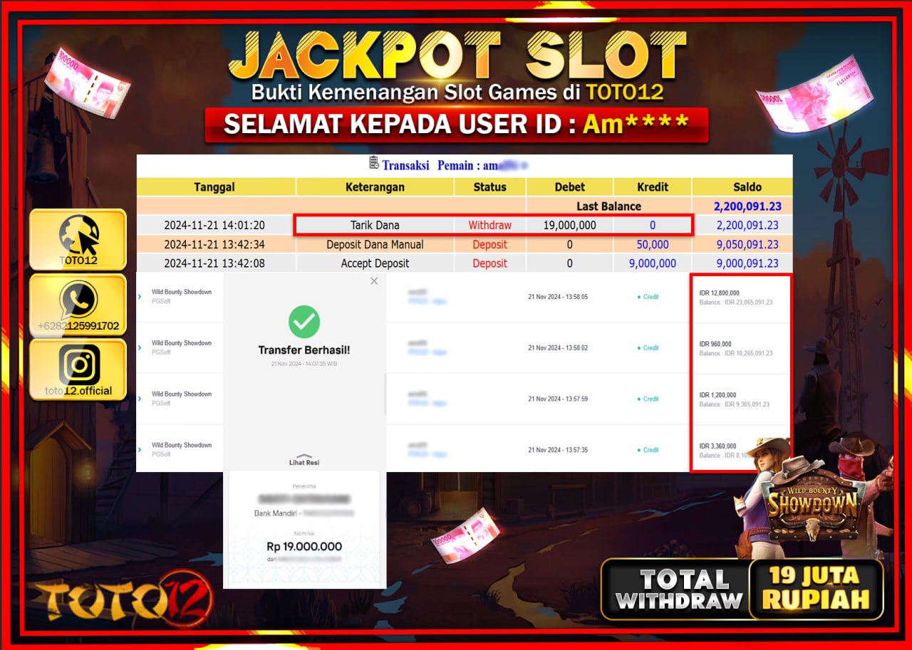 HANYA DI TOTO12 JP PASTI DI BAYAR LUNAS DAN CEPAT!!!!!! JACKPOT SLOT GAME (WILD BOUNTY SHOWDOWN) Rp.19.000.000 !!!!