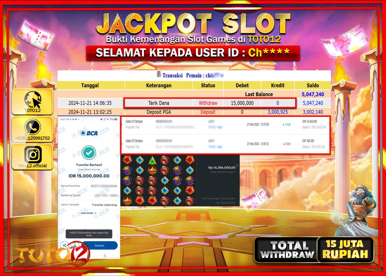HANYA DI TOTO12 JP PASTI DI BAYAR LUNAS DAN CEPAT!!!!!! JACKPOT SLOT GAME (GATES OF OLYMPUS) Rp.15.000.000 !!!!
