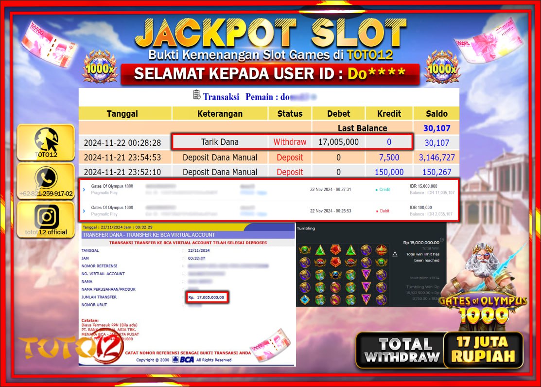 HANYA DI TOTO12 JP PASTI DI BAYAR LUNAS DAN CEPAT!!!!!! JACKPOT SLOT GAME (GATES OF OLYMPUS 1000) Rp.17.000.000 !!!!