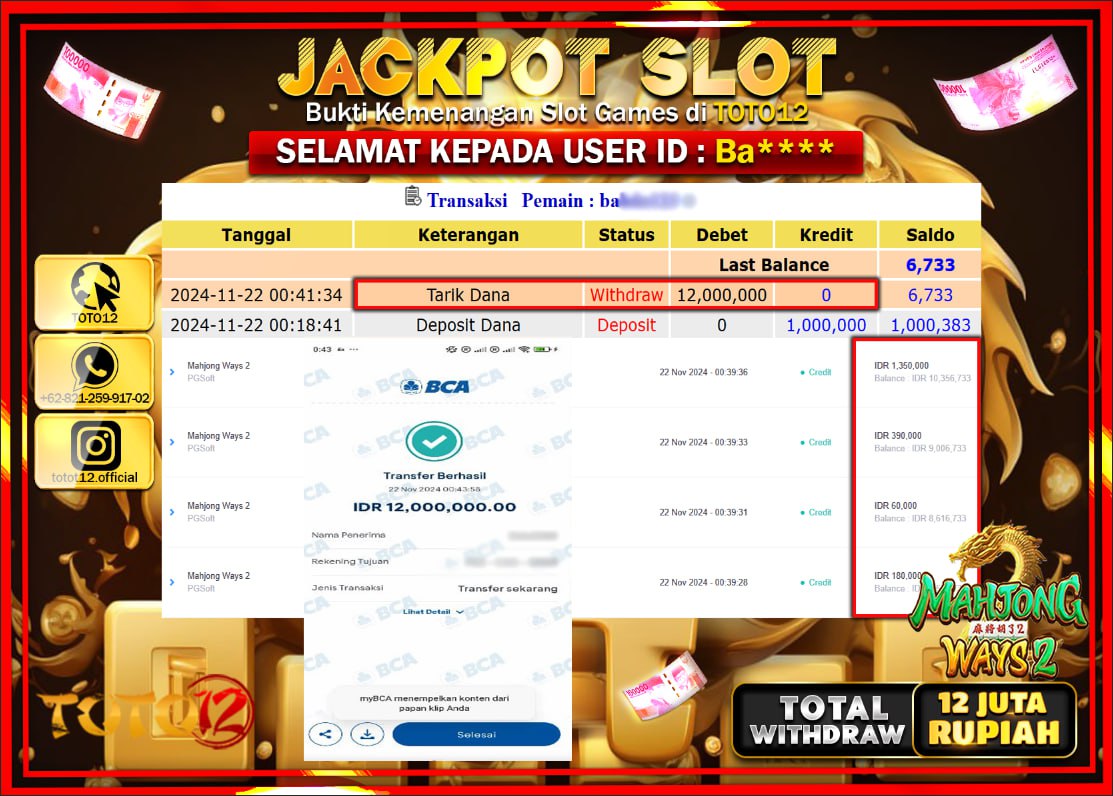 HANYA DI TOTO12 JP PASTI DI BAYAR LUNAS DAN CEPAT!!!!!! JACKPOT SLOT GAME (MAHJONG WAYS 2) Rp.12.000.000 !!!!