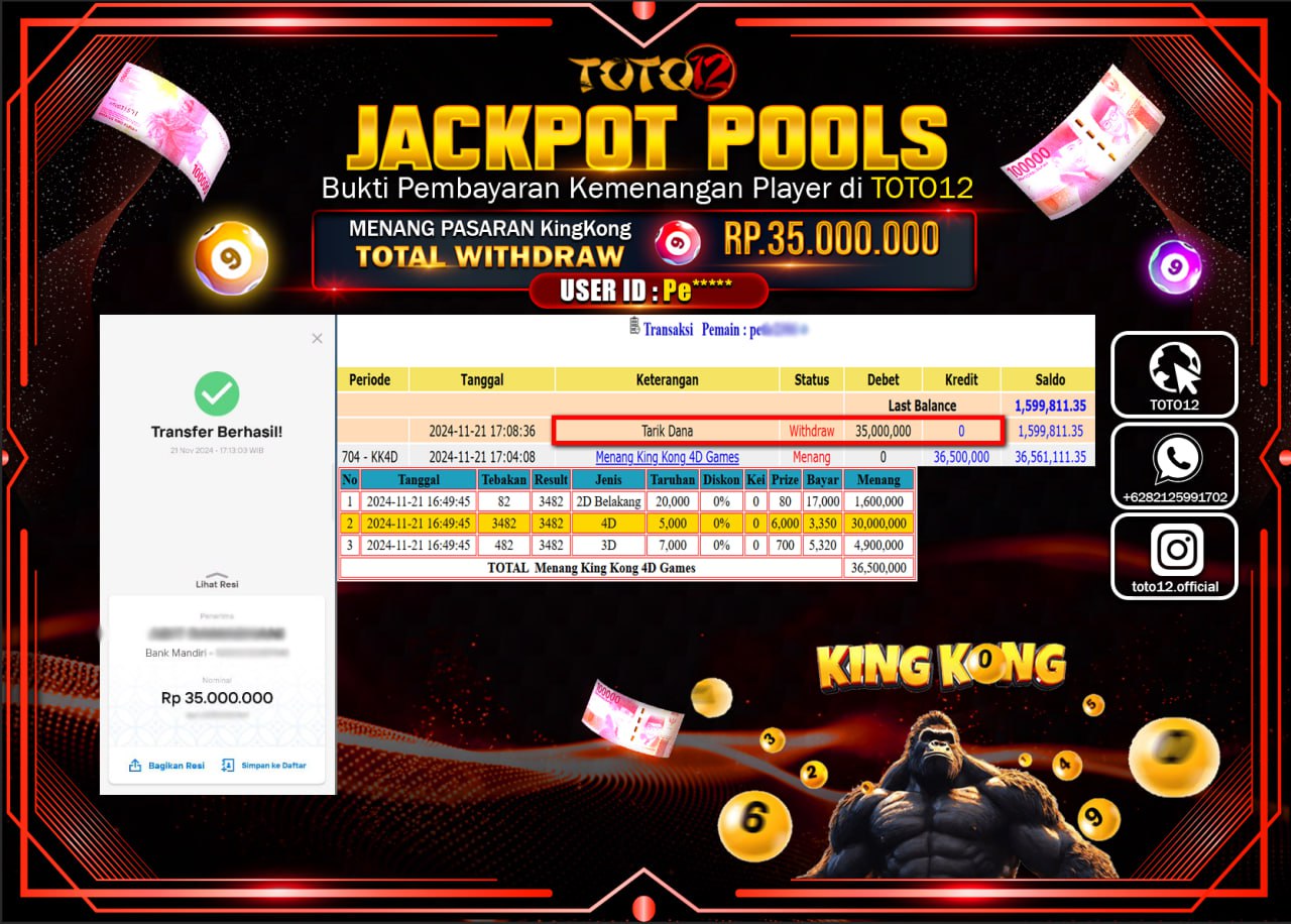 HANYA DI TOTO12 JP PASTI DI BAYAR LUNAS DAN CEPAT!!!!!! JACKPOT POOLS PASARAN (KING KONG) Rp.35.000.000 !!!!