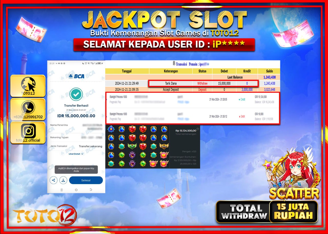 HANYA DI TOTO12 JP PASTI DI BAYAR LUNAS DAN CEPAT!!!!!! JACKPOT SLOT GAME (STARLIGHT PRINCESS 1000) Rp.15.000.000 !!!!