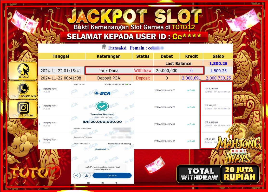 HANYA DI TOTO12 JP PASTI DI BAYAR LUNAS DAN CEPAT!!!!!! JACKPOT SLOT GAME (MAHJONG WAYS) Rp.20.000.000 !!!!