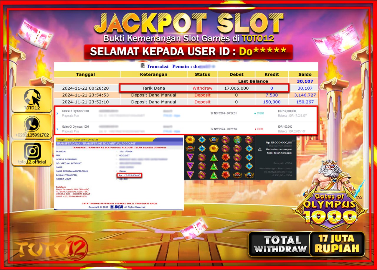 HANYA DI TOTO12 JP PASTI DI BAYAR LUNAS DAN CEPAT!!!!!! JACKPOT SLOT GAME (GATES OF OLYMPUS 1000) Rp.17.000.000 !!!!