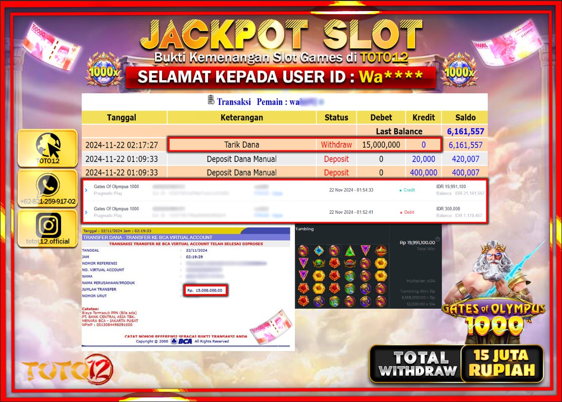 HANYA DI TOTO12 JP PASTI DI BAYAR LUNAS DAN CEPAT!!!!!! JACKPOT SLOT GAME (GATES OF OLYMPUS 1000) Rp.15.000.000 !!!!