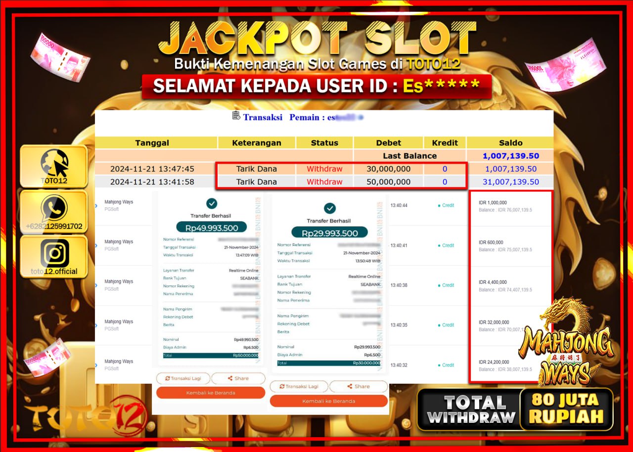 HANYA DI TOTO12 JP PASTI DI BAYAR LUNAS DAN CEPAT!!!!!! JACKPOT SLOT GAME (MAHJONG WAYS) Rp.80.000.000 !!!!