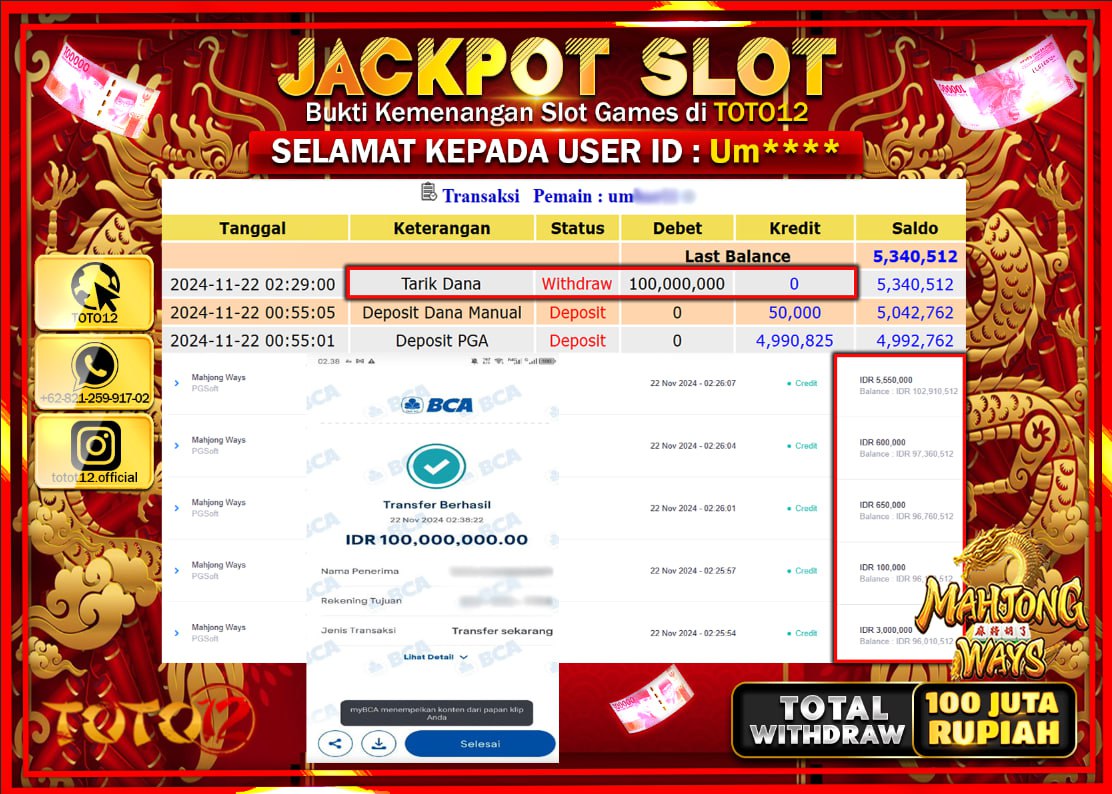 HANYA DI TOTO12 JP PASTI DI BAYAR LUNAS DAN CEPAT!!!!!! JACKPOT SLOT GAME (MAHJONG WAYS) Rp.100.000.000 !!!!