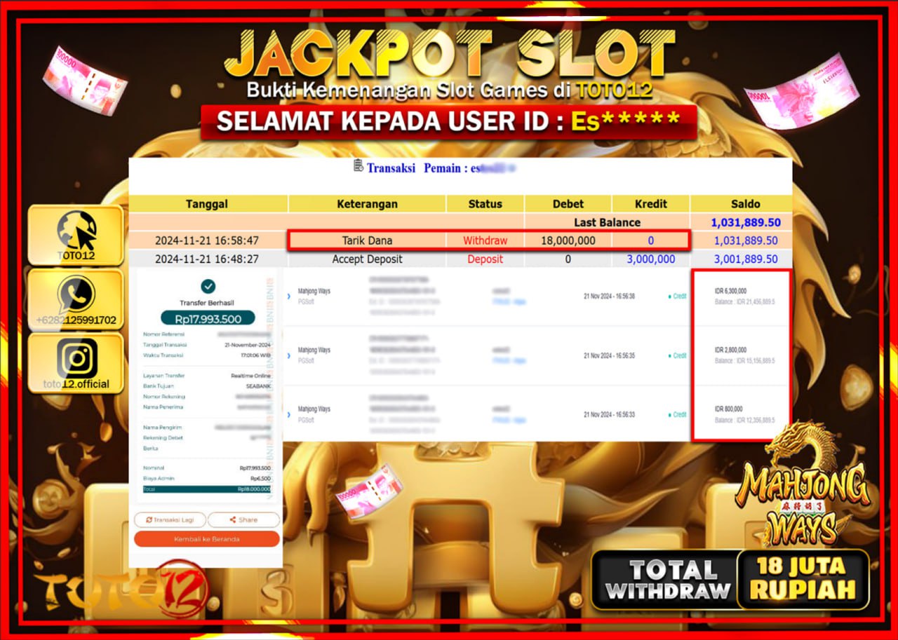 HANYA DI TOTO12 JP PASTI DI BAYAR LUNAS DAN CEPAT!!!!!! JACKPOT SLOT GAME (MAHJONG WAYS) Rp.18.000.000 !!!!