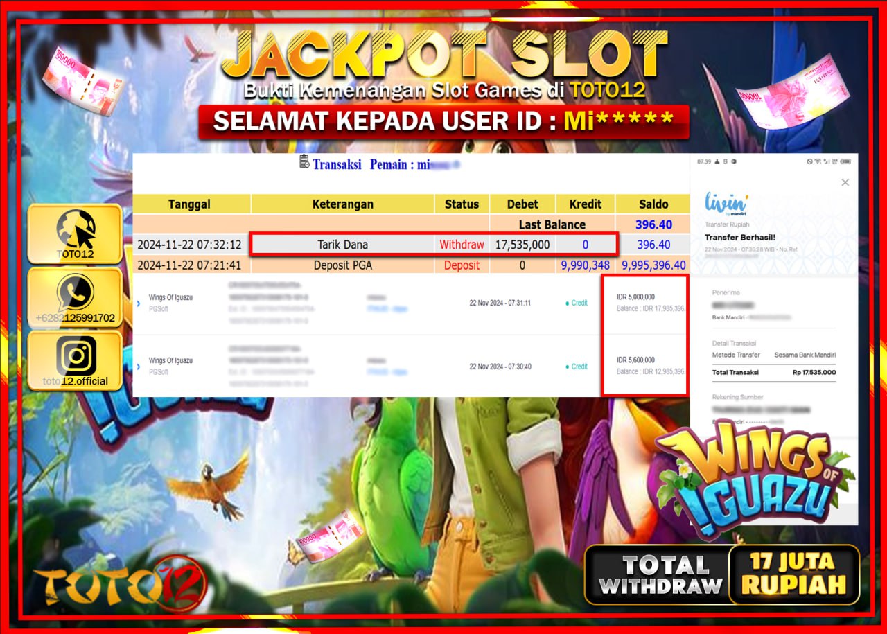HANYA DI TOTO12 JP PASTI DI BAYAR LUNAS DAN CEPAT!!!!!! JACKPOT SLOT GAME (WINGS OF IGUAZU) Rp.17.000.000 !!!!