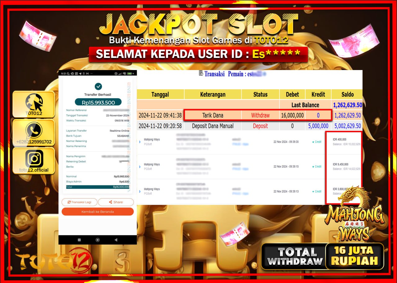 HANYA DI TOTO12 JP PASTI DI BAYAR LUNAS DAN CEPAT!!!!!! JACKPOT SLOT GAME (MAHJONG WAYS) Rp.16.000.000 !!!!