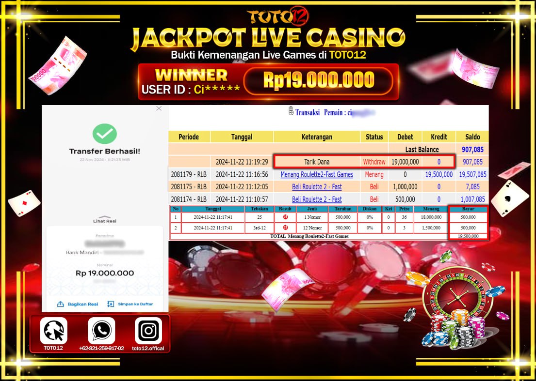 HANYA DI TOTO12 JP PASTI DI BAYAR LUNAS DAN CEPAT!!!!!! JACKPOT LIVE GAMES CASINO (ROULETTE) Rp.19.000.000 !!!!