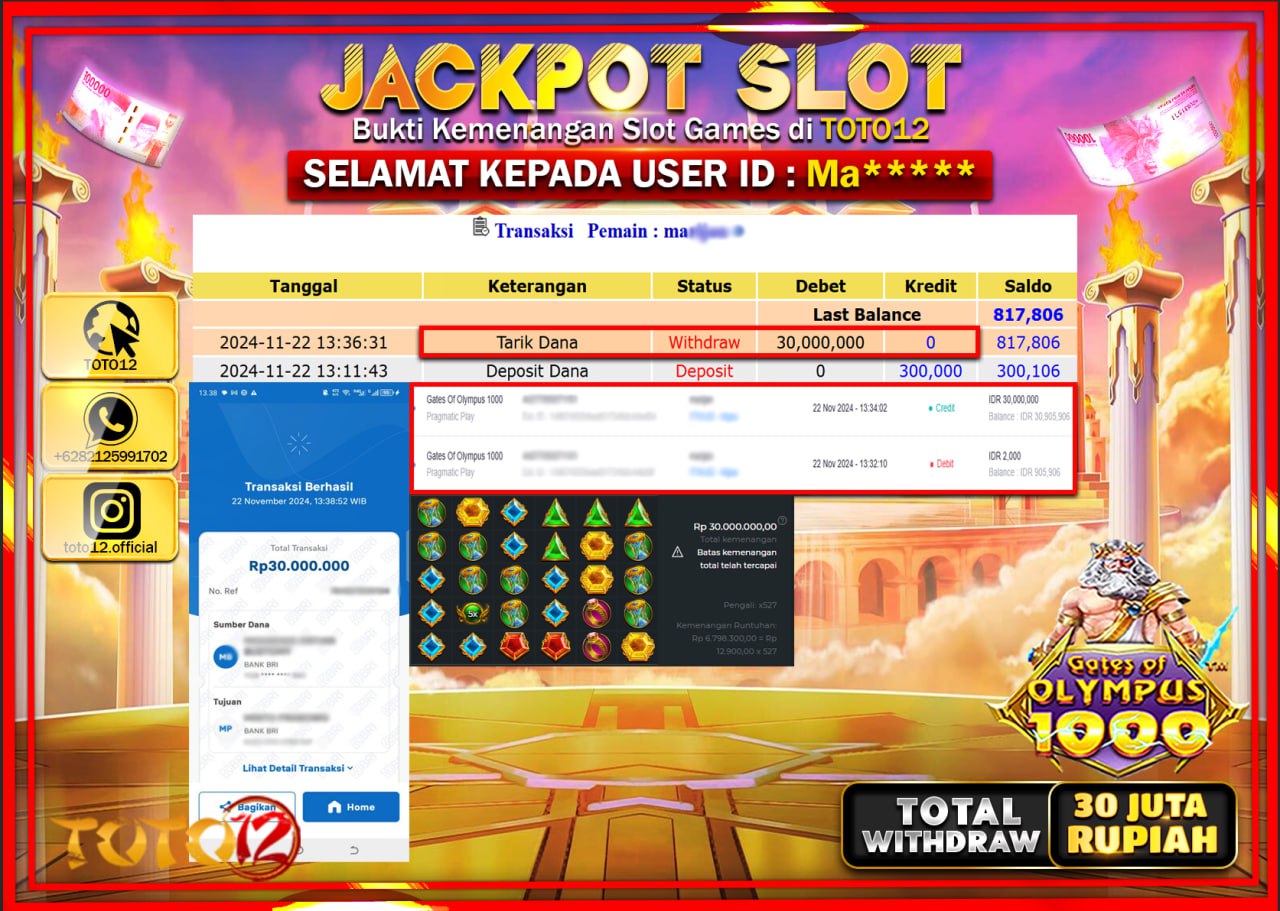 HANYA DI TOTO12 JP PASTI DI BAYAR LUNAS DAN CEPAT!!!!!! JACKPOT SLOT GAME (GATES OF OLYMPUS 1000) Rp.30.000.000 !!!!