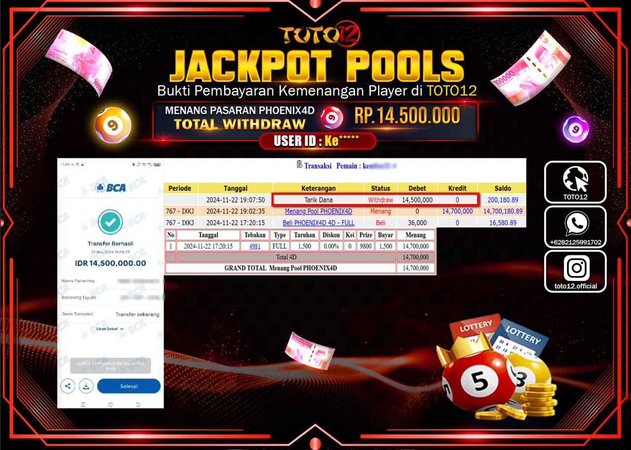 HANYA DI TOTO12 JP PASTI DI BAYAR LUNAS DAN CEPAT!!!!!! JACKPOT POOLS PASARAN (PHOENIX4D) Rp.14.500.000 !!!!