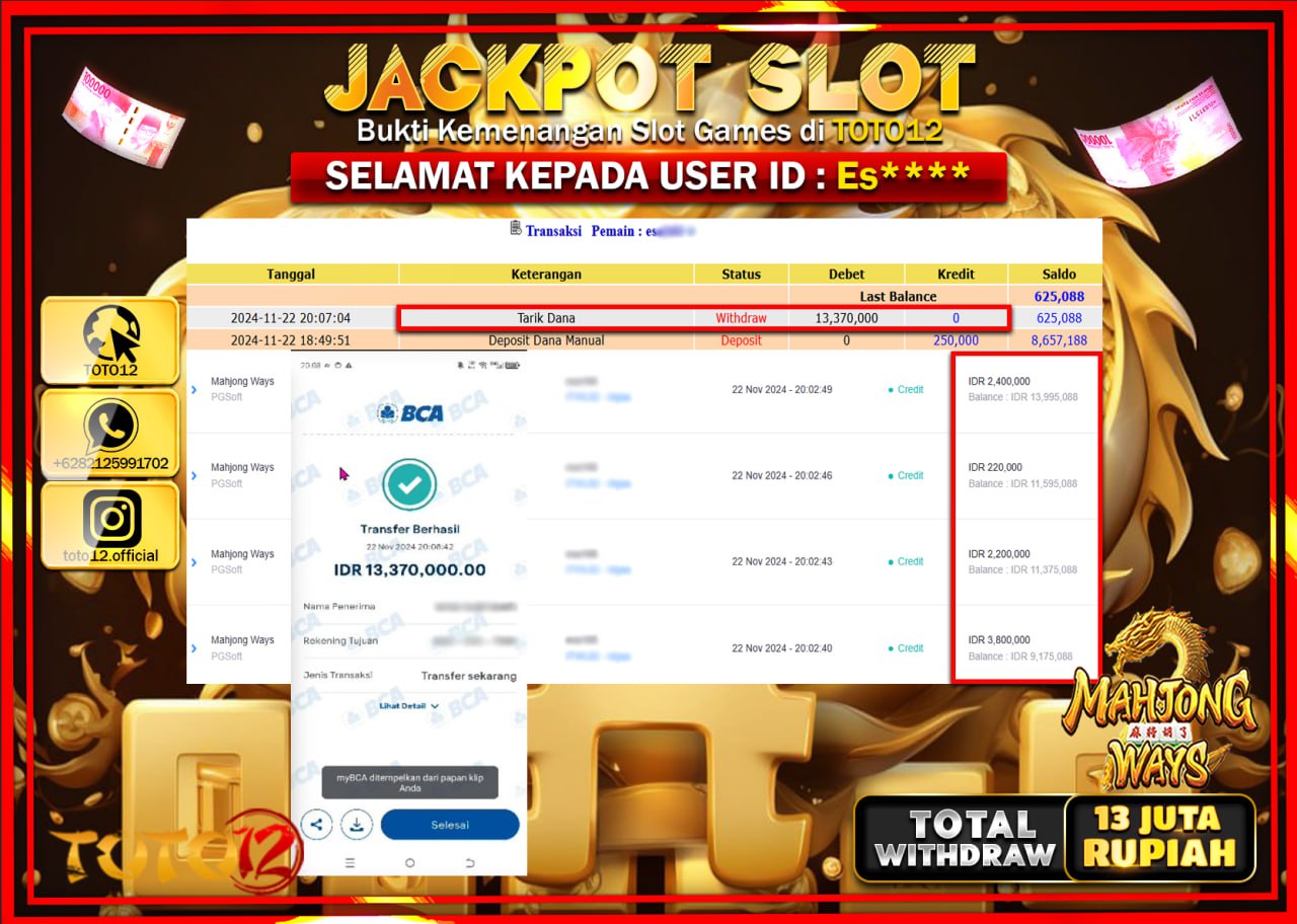 HANYA DI TOTO12 JP PASTI DI BAYAR LUNAS DAN CEPAT!!!!!! JACKPOT SLOT GAME (MAHJONG WAYS) Rp.13.000.000 !!!!