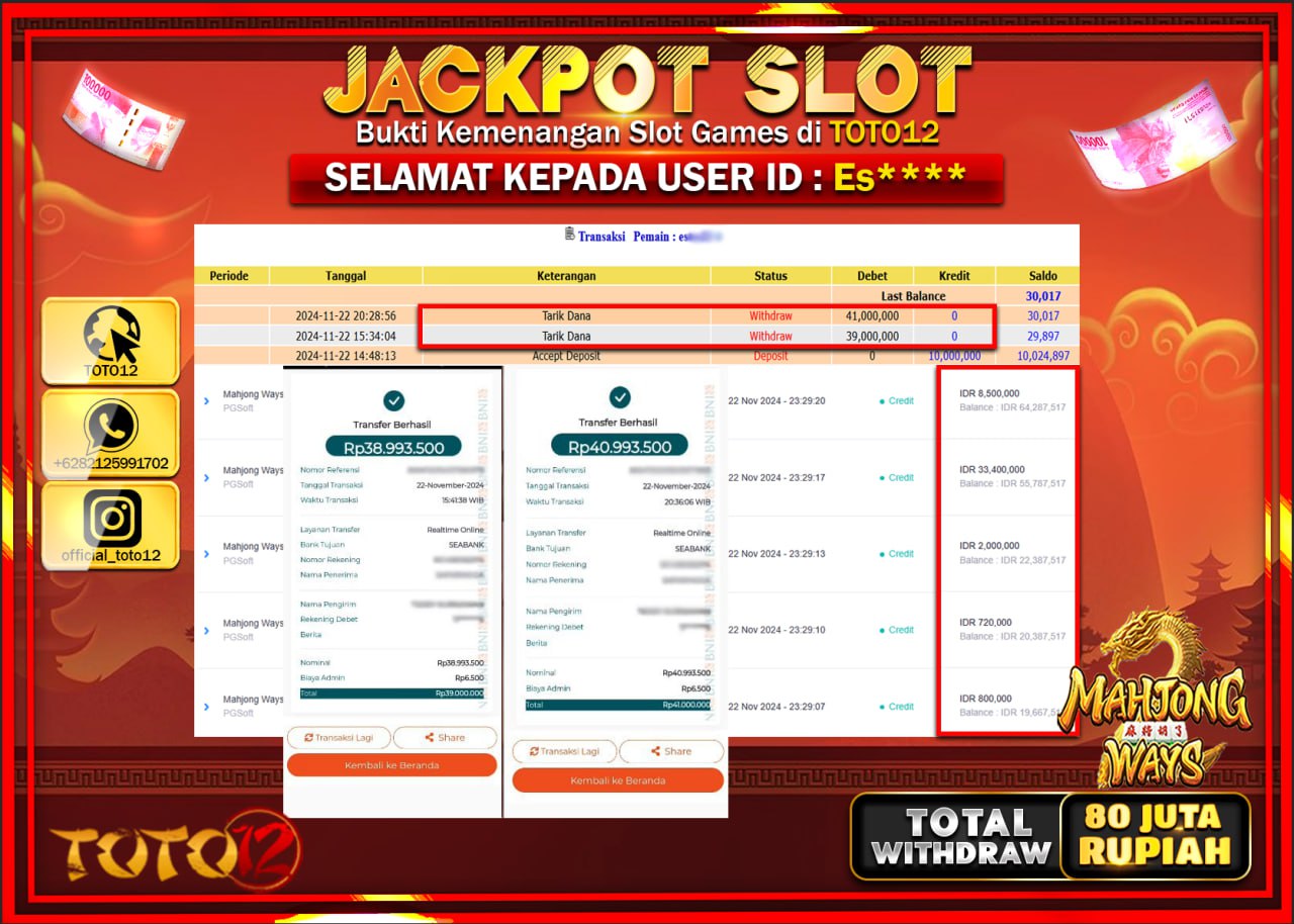 HANYA DI TOTO12 JP PASTI DI BAYAR LUNAS DAN CEPAT!!!!!! JACKPOT SLOT GAME (MAHJONG WAYS) Rp.80.000.000 !!!!